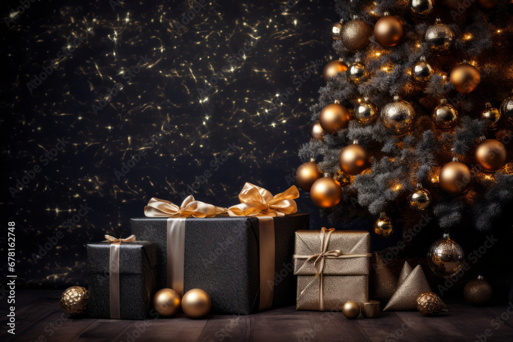 Christmas decoration with baubles and lights ,gift box's confetti explosion. Magic open surprise gift box package decoration. Golden opulence Christmas decoration with baubles and lights ,gift box's confetti explosion. Magic open surprise gift box package decoration. Golden opulence