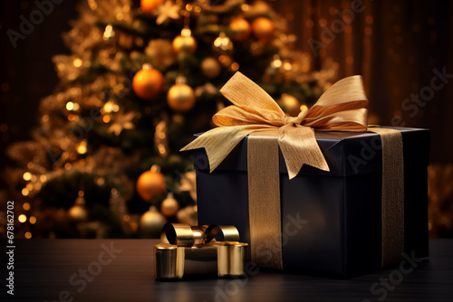 Christmas decoration with baubles and lights ,gift box's confetti explosion. Magic open surprise gift box package decoration. Golden opulence