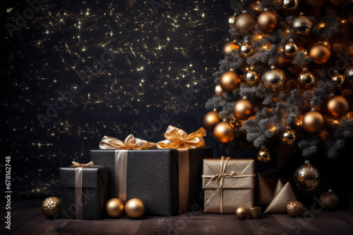 Christmas decoration with baubles and lights ,gift box's confetti explosion. Magic open surprise gift box package decoration. Golden opulence