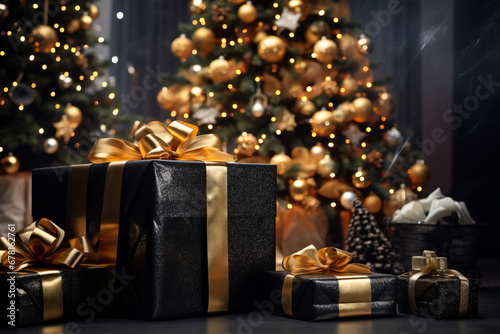 Christmas decoration with baubles and lights ,gift box's confetti explosion. Magic open surprise gift box package decoration. Golden opulence