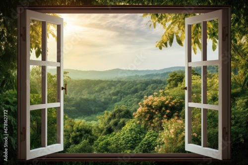 Perspective view from window. Open window with a beautiful view of the mountains and nature. The concept of a bright future and prospects, peace of mind and mental health.  photo