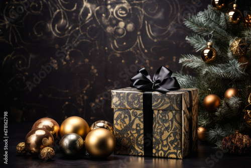 Christmas decoration with baubles and lights ,gift box's confetti explosion. Magic open surprise gift box package decoration. Golden opulence