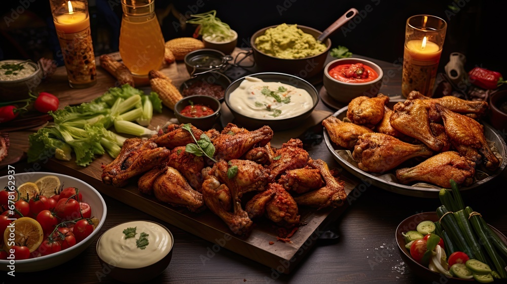 Close-up shots of game-day snacks like nachos and chicken wings, illustrating the culinary side of Thanksgiving sports viewing