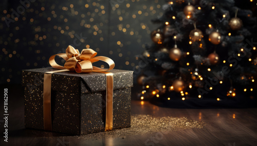 Christmas decoration with baubles and lights ,gift box's confetti explosion. Magic open surprise gift box package decoration. Golden opulence