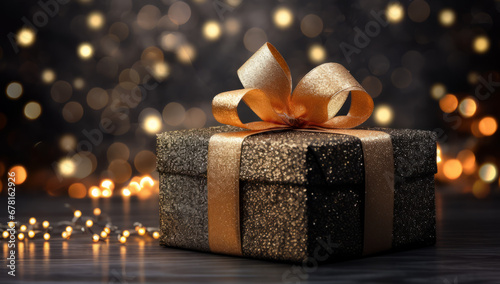 Christmas decoration with baubles and lights ,gift box's confetti explosion. Magic open surprise gift box package decoration. Golden opulence