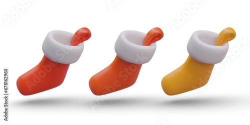 Christmas shoes in red, orange and yellow colors for home decoration on holiday. Concept of new year holiday. Vector illustration in 3d style with white background