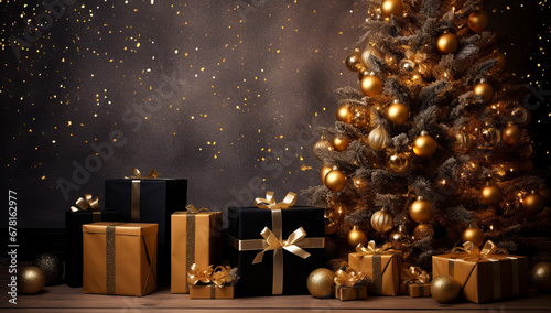 Christmas decoration with baubles and lights ,gift box's confetti explosion. Magic open surprise gift box package decoration. Golden opulence