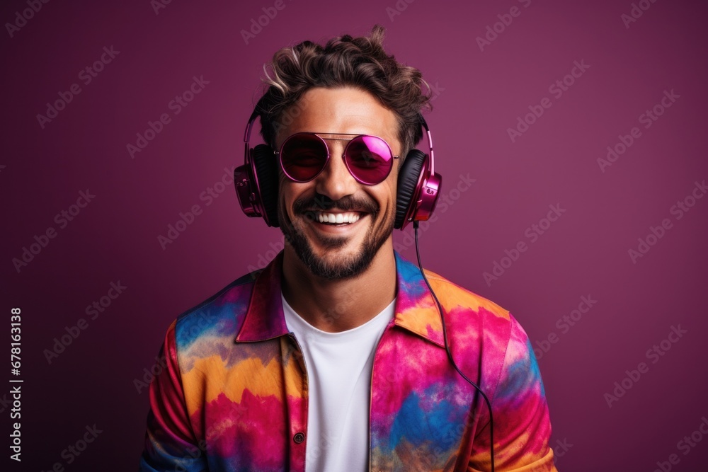 Neon portrait of bearded smiling man in headphones, sunglasses, white t-shirt. Listening to music Neon portrait of bearded smiling man in headphones, sunglasses, white t-shirt. Listening to music