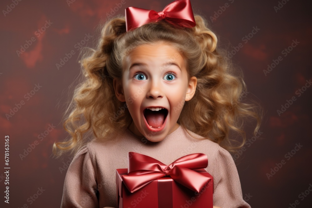Surprised child opening holiday gift isolated on a gradient background Surprised child opening holiday gift isolated on a gradient background