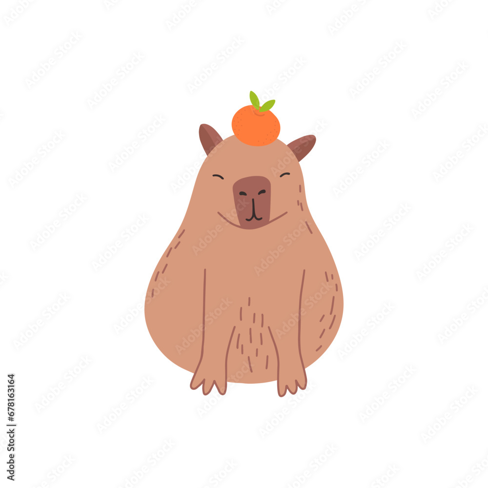 Capybara funny character in flat design. Cute capybara with mandarins vector illustration Capybara funny character in flat design. Cute capybara with mandarins vector illustration