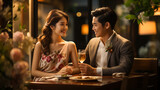 happy asian couple drinking wine at restaurant. asian man and woman