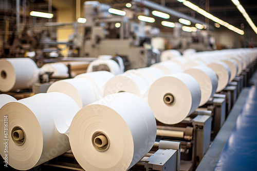 Large rolls of thermal paper produced in a mill factory, manufacturer with industrial slitting machine photo