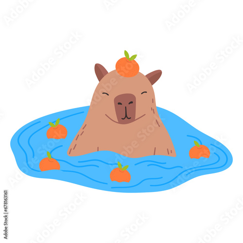 Capybara funny character in flat design. Cute capybara swimming in water with mandarins vector illustration