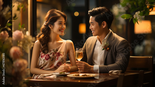 happy asian couple drinking wine at restaurant. asian man and woman photo