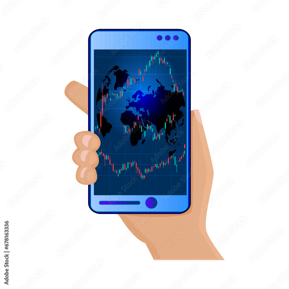 Hand holds phone with candle stock market chart isolated on white background. Online trade, market investment, candlestick chart concept. Stock sell and buy. Forex trading. Stock vector illustration Hand holds phone with candle stock market chart isolated on white background. Online trade, market investment, candlestick chart concept. Stock sell and buy. Forex trading. Stock vector illustration