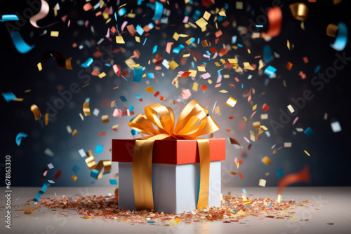 Gift box confetti explosion. Magic open surprise gift box package decoration. Golden gift boxes with golden ribbon bow tag and golden confetti on isolated black background with blank space. New year