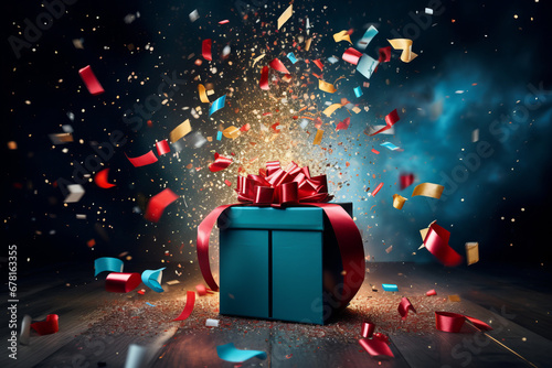 Gift box confetti explosion. Magic open surprise gift box package decoration. Golden gift boxes with golden ribbon bow tag and golden confetti on isolated black background with blank space. New year