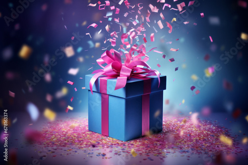 Gift box confetti explosion. Magic open surprise gift box package decoration. Golden gift boxes with golden ribbon bow tag and golden confetti on isolated black background with blank space. New year