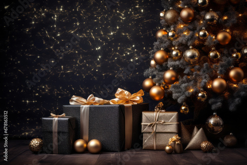 Christmas decoration with baubles and lights ,gift box's confetti explosion. Magic open surprise gift box package decoration. Golden opulence