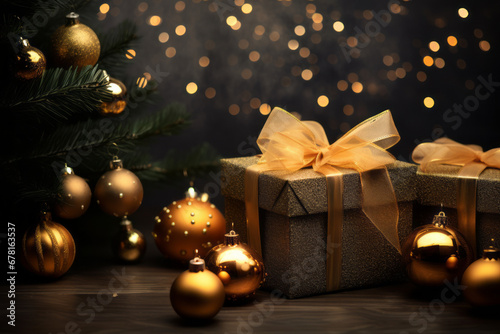 Christmas decoration with baubles and lights ,gift box's confetti explosion. Magic open surprise gift box package decoration. Golden opulence