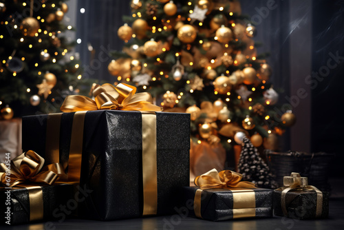 Christmas decoration with baubles and lights ,gift box's confetti explosion. Magic open surprise gift box package decoration. Golden opulence