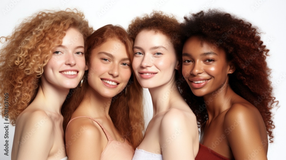 Obraz premium Portrait of women with different skin tones smiling at the camera in a studio. Group of happy young women feeling comfortable in their own skin. Three body positive young women standing together.
