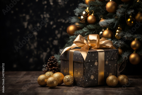 Christmas decoration with baubles and lights ,gift box's confetti explosion. Magic open surprise gift box package decoration. Golden opulence