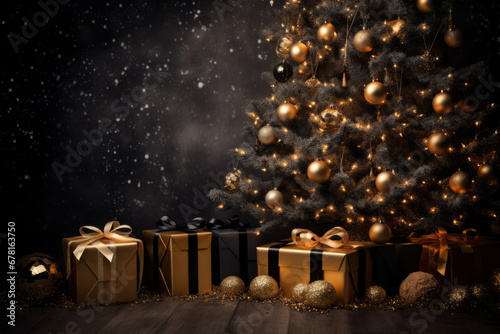 Christmas decoration with baubles and lights ,gift box's confetti explosion. Magic open surprise gift box package decoration. Golden opulence