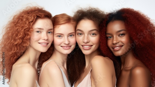 Portrait of women with different skin tones smiling at the camera in a studio. Group of happy young women feeling comfortable in their own skin. Four body positive young women standing together.