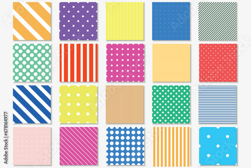 Fototapeta Naklejka Na Ścianę i Meble -  Collection of vector bright seamless patterns. Simple geometric textures - repeatable dotted and stripped backgrounds. Color unusual design, trendy fabric prints