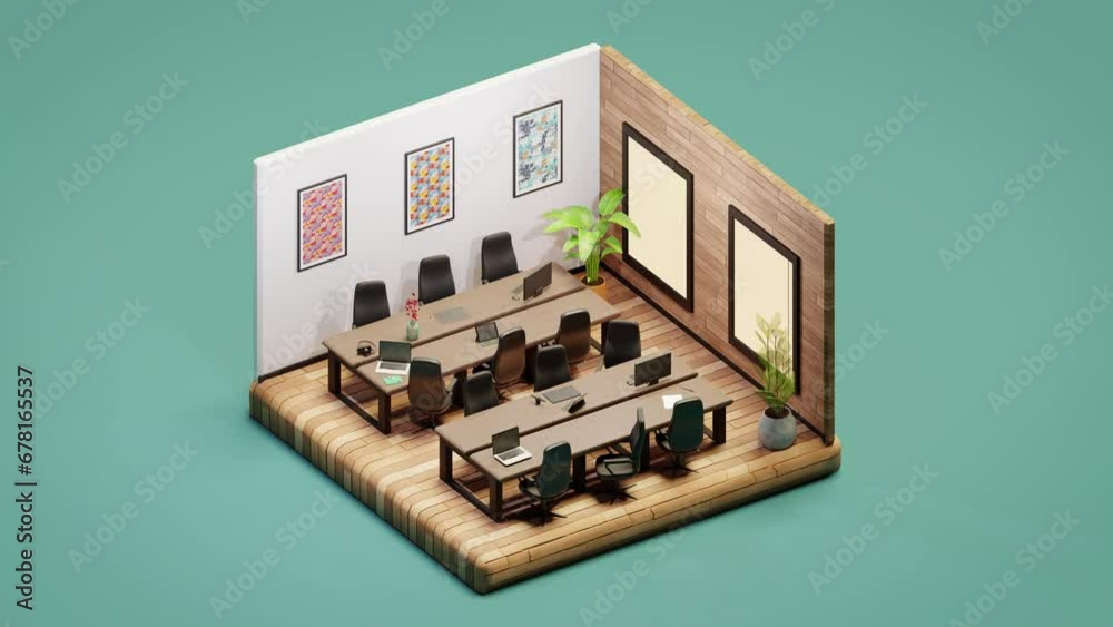 3D isometric loop low poly office room with many workplace in modern coworking 3D isometric loop low poly office room with many workplace in modern coworking