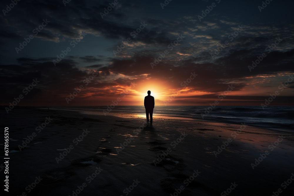 Sad man silhouette worried on the beach - obrazy, fototapety, plakaty 