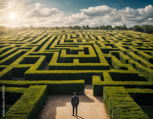 Person at the entrance to a hedge maze. Mental state when faced with too many decisions. 