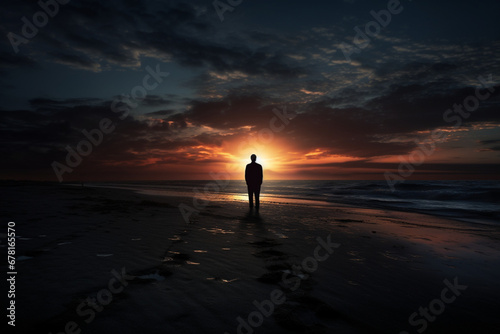 Sad man silhouette worried on the beach photo