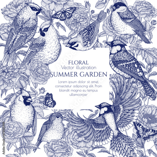 Vector frame with birds and butterflies on a bush of roses and peonies. Waxwing, robin, bullfinch, red cardinal, sparrow and blue jay in engraving style