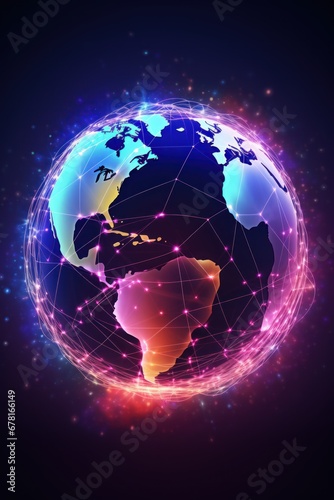 Global world telecommunication network with nodes connected around earth, concept about internet and worldwide communication technology. Night earth global virtual internet world connection
