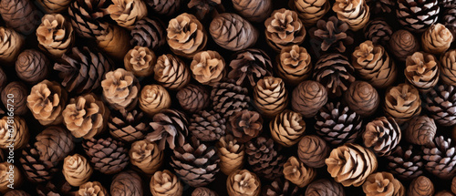 Pine cones background. Top view, flat lay. Close up.