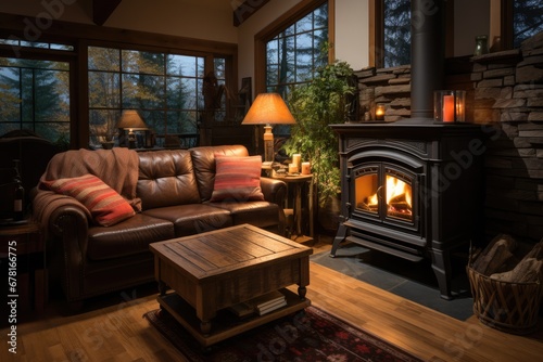 Freestanding radiant heat stove as a centerpiece in a cozy cabin interior  photo