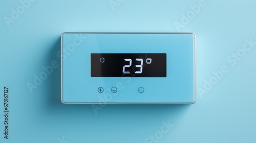 A digital programmable thermostat in electrifying shades of vivid blue and polished silver background with empty space for text 