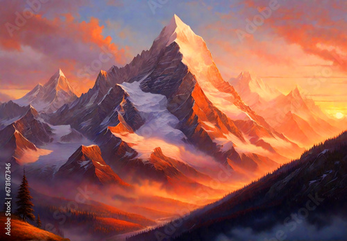 the majestic peaks at sunrise, painting the mountain landscape in warm hues