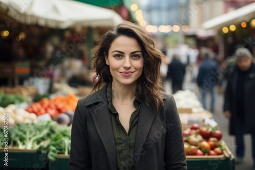 Portrait of a satisfied woman in her 30s dressed in a stylish blazer against a bustling farmer s market. AI Generation