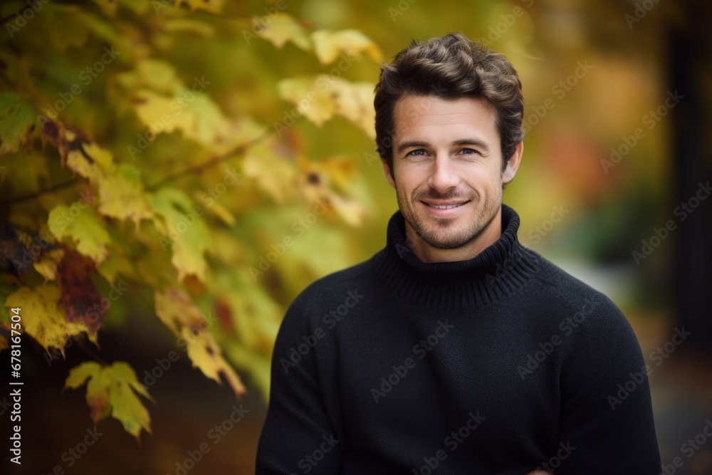 Portrait of a smiling man in his 30s wearing a classic turtleneck sweater against a background of autumn leaves. AI Generation