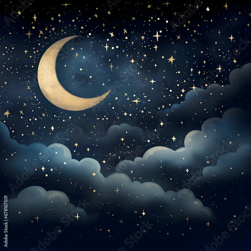 Night sky illustration with stars and moon. High-resolution