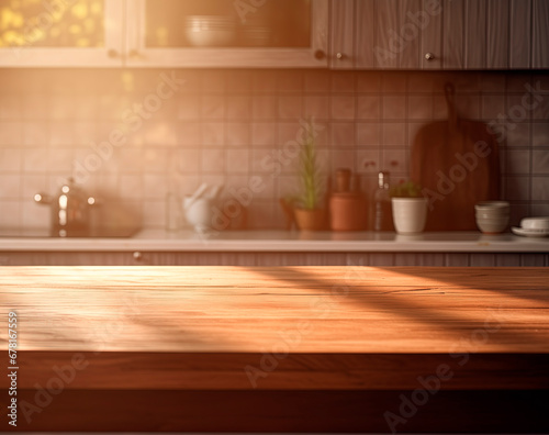 An empty surface, a table against the backdrop of a blurred kitchen. Empty space for your items, advertising. An empty table and warm morning light