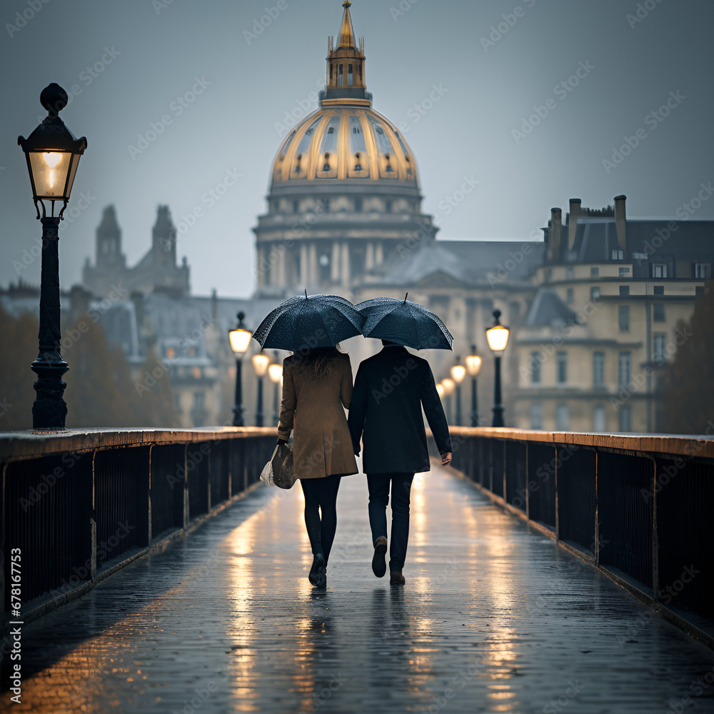 Mann und Frau unterm Schirm gehen in einer Stadt spazieren Man and woman under umbrella walking in a city - obrazy, fototapety, plakaty 