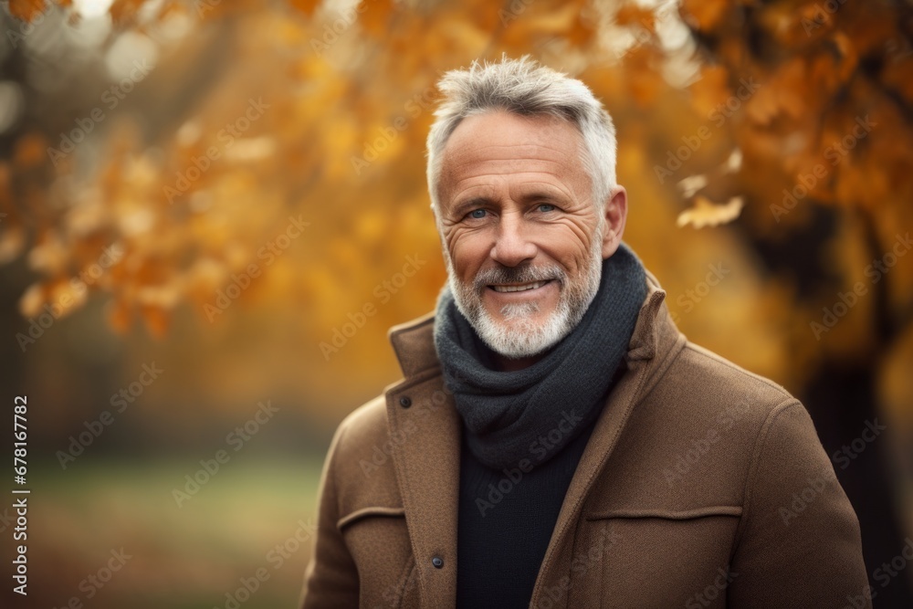 Portrait of a cheerful man in his 50s wearing a classic turtleneck sweater against a background of autumn leaves. AI Generation Portrait of a cheerful man in his 50s wearing a classic turtleneck sweater against a background of autumn leaves. AI Generation