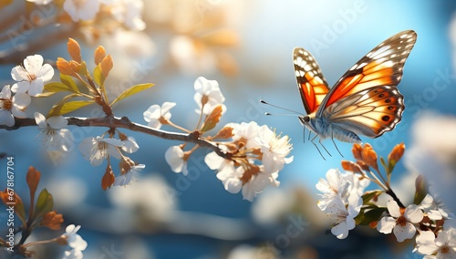 Spring's Delicate Dance: A Butterfly Alights on Blossoms Under a Soft Blue Sky