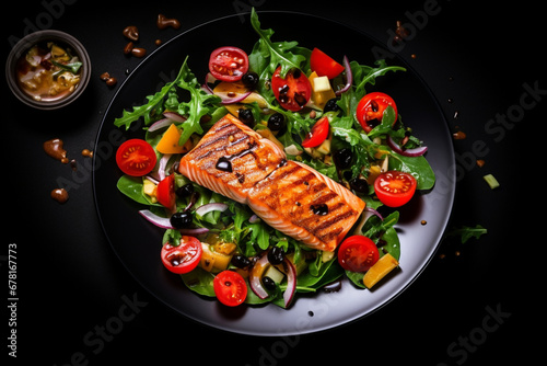 Salmon fillet grilled and fresh vegetable green salad of arugula with tomatoes, olives and bell pepper on black background, healthy food, mediterranean diet, top view, aesthetic look