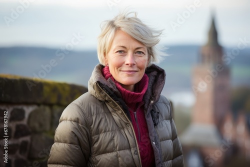 Portrait of a satisfied woman in her 50s sporting a quilted insulated jacket against a historic castle backdrop. AI Generation