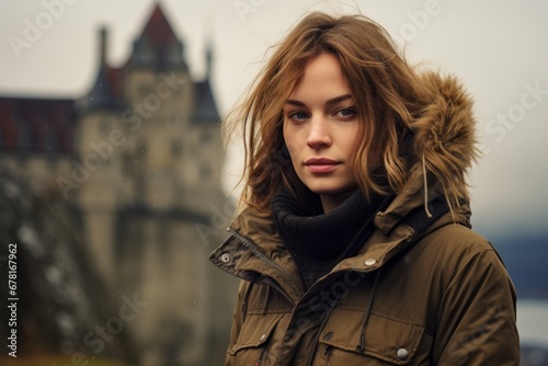Portrait of a content woman in her 20s wearing a warm parka against a historic castle backdrop. AI Generation photo